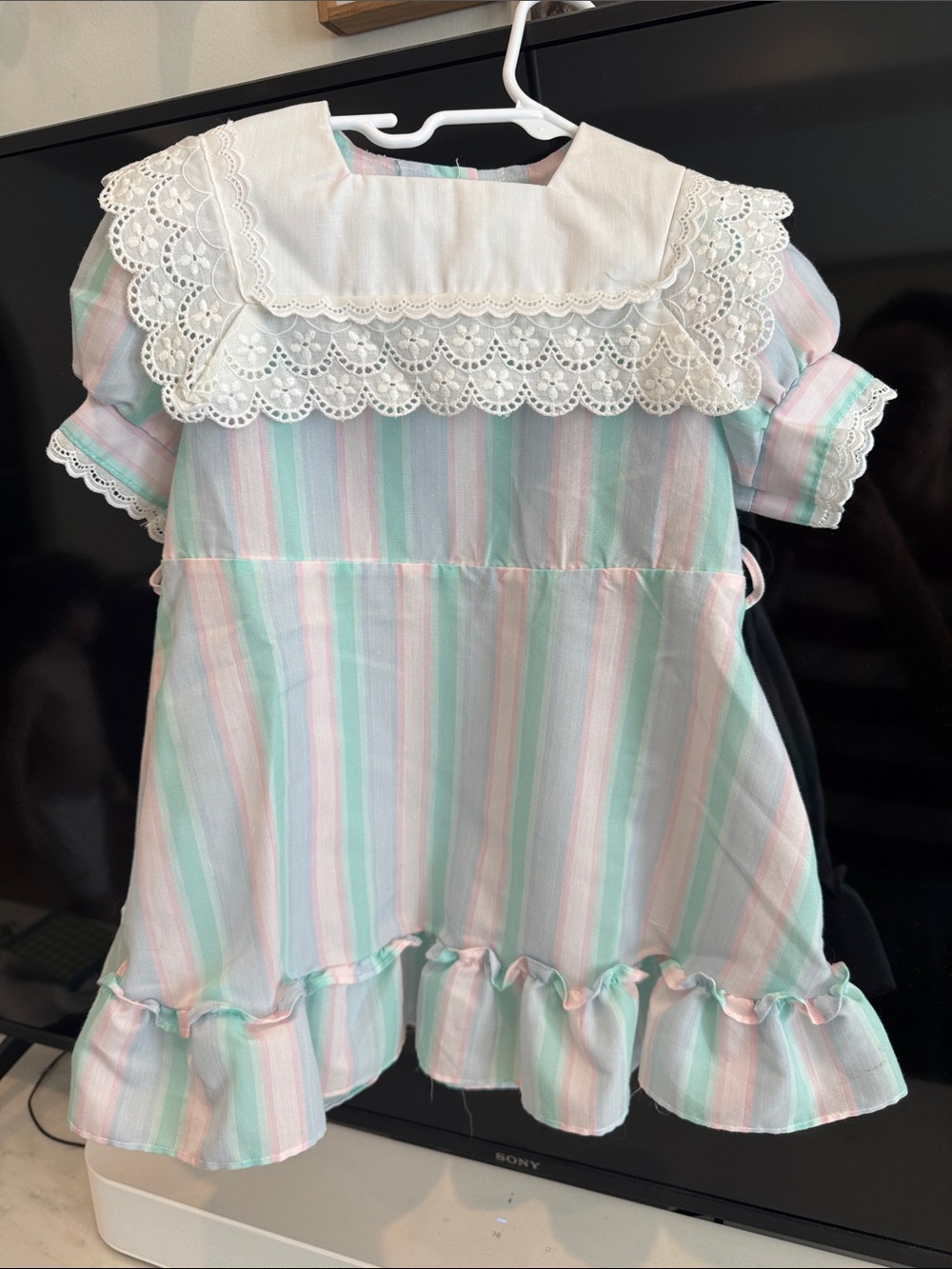 Vintage Bonnie Jean Girls' Pastel Stripe Lace Collar Dress - White Collar